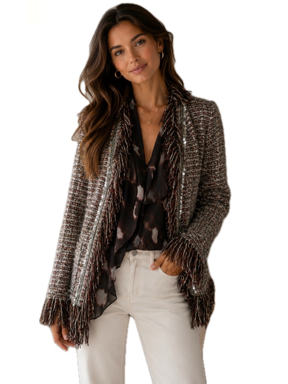 Italian Boutique Tweed Jacket Chiffon Lining Fringe Sleeves Hem S-M Excellent